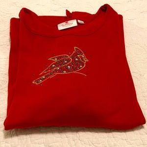 QF red holiday 3/4 sleeve top with rhinestoned & embroidered cardinal (2X)